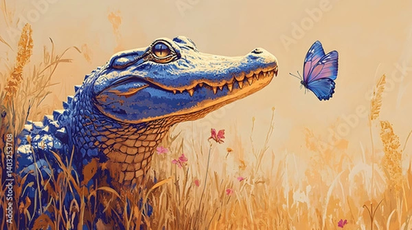 Fototapeta A gentle gator and a butterfly in a field.