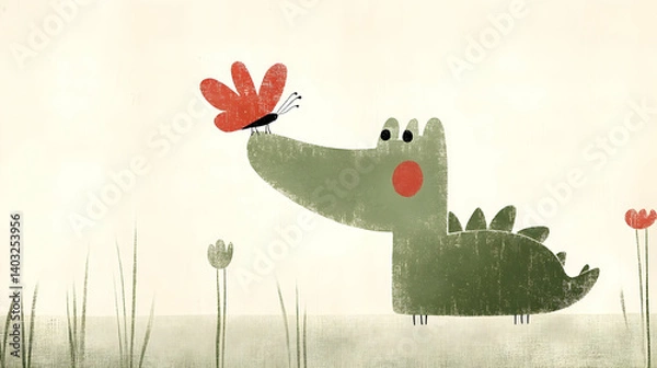 Fototapeta A friendly crocodile and a fluttering butterfly in a tranquil meadow.