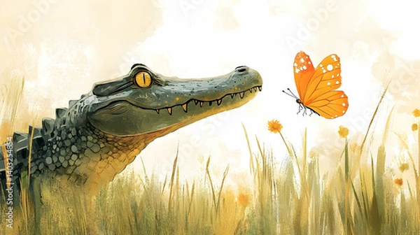 Fototapeta A curious alligator and a friendly butterfly in a meadow.
