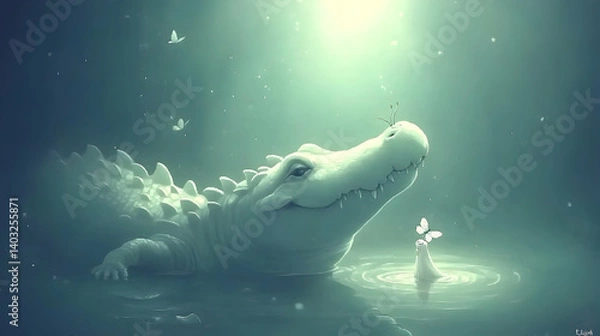 Fototapeta A gentle white alligator surrounded by butterflies in a serene aquatic scene.