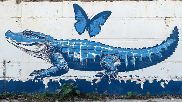 Fototapeta A vibrant blue alligator mural with a butterfly.
