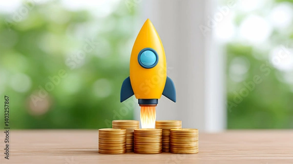 Fototapeta Yellow rocket launching from gold coin stacks on wooden table, blurred green background. Generative AI