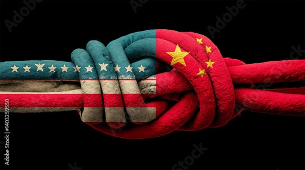 Obraz Trade War tension symbolized by USA and China flags tied in a tight knot on black background
