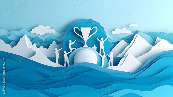Fototapeta A team's collaborative ascent to victory, depicted as paper art.