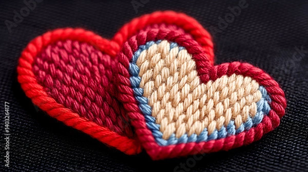 Obraz Two intertwined needlepoint hearts, red and beige, on dark fabric. Generative AI