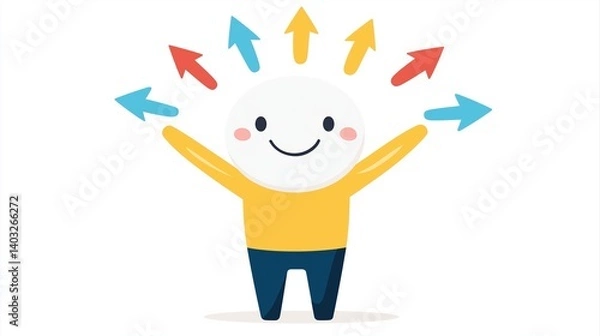 Obraz Cheerful character with colorful arrows pointing in various directions representing positive choices