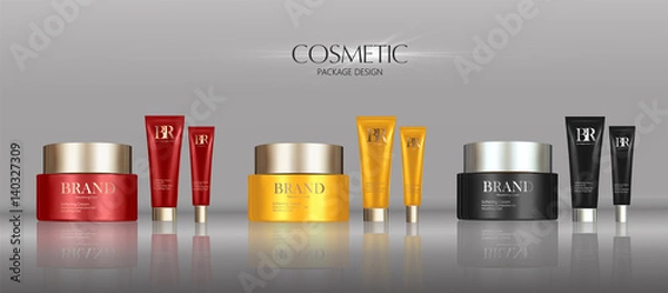 Fototapeta Cosmetic cream package set, attractive blank containers with colorful caps. 3d illustration for makeup promo