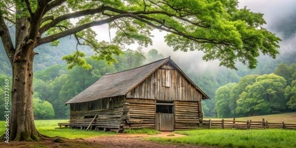Fototapeta Wooden rustic old log barn with worn wooden beams and overgrown vegetation next to large tree in misty surroundings of Cades Cove landscape, nature, trees