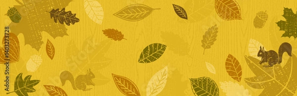 Obraz Yellow banner with autumn falling leaves. Autumn greeting background. Horizontal autumn background, headers, posters, cards, website. Vector illustration