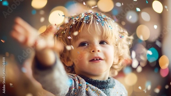 Fototapeta Toddler playing confetti, indoor party, bokeh lights