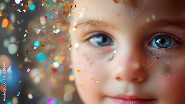 Obraz Toddler's face, confetti shower, indoor, festive background, celebration card