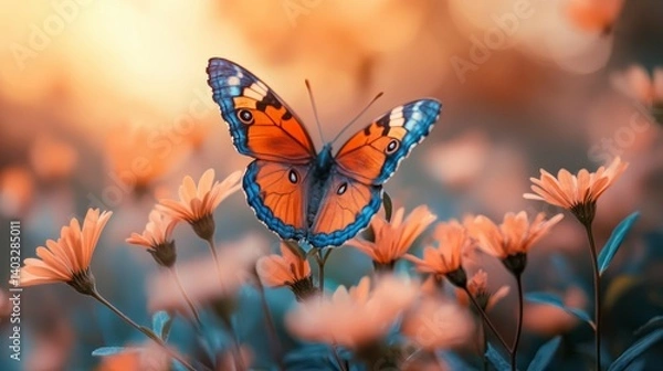 Obraz Orange Butterfly on Peach Color Flowers in Dreamy Bokeh Scene