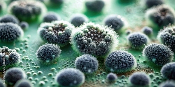 Fototapeta A close-up image of a black mold Aspergillus growing on a damp surface with visible dark greenish-black spores and a white powdery coating , mold development, fungal spores