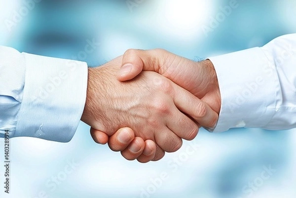 Obraz Two hands shaking in a business setting, symbolizing agreement or partnership.