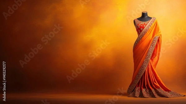 Fototapeta Sari of India, Elegant saree displayed against a warm, glowing backdrop.