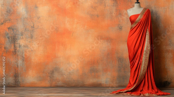 Fototapeta Sari of India, Elegant red saree displayed on a mannequin against a textured wall.