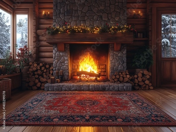Fototapeta cozy winter cabin interior warm glowing fireplace rustic wooden textures inviting soft ambient lighting comfortable atmosphere 