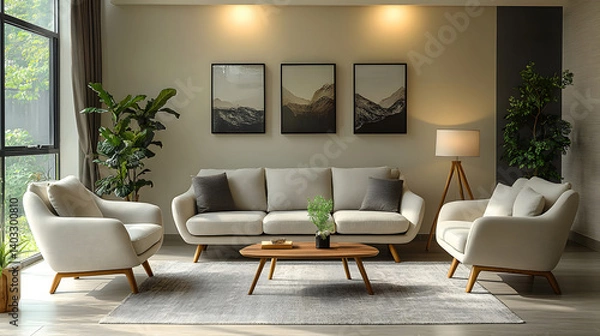 Fototapeta serene living room design, warm sandy beige wall, modern furniture, soft textures, calm tone,