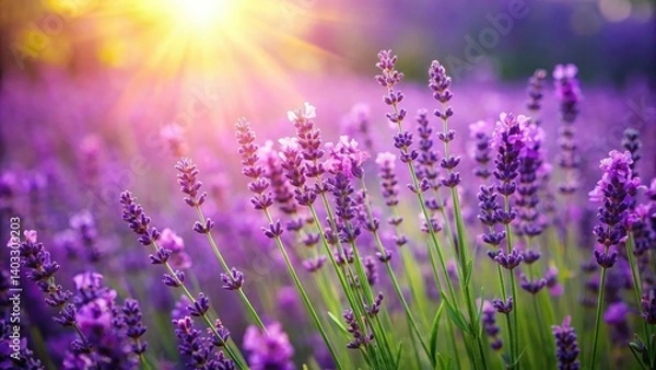 Fototapeta A lush field of lavender with vibrant purple blossoms and green leaves swaying gently in the breeze, flowers