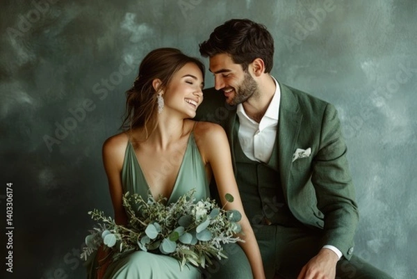 Fototapeta A lovingly embracing couple in sage green attire, holding a eucalyptus bouquet, creates a romantic and serene mood.