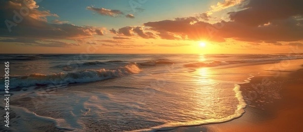 Obraz Panoramic beautiful sunset with golden sunlight view over the ocean landscape. Generate AI image