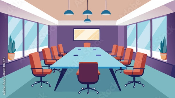 Fototapeta A spacious conference room with a large table and chairs for meetings and discussions.
