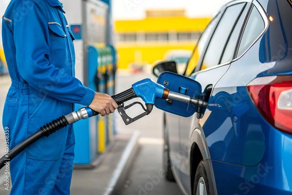 Fototapeta Refueling a blue vehicle at a station, showing close-up of a worker’s hand and gas nozzle