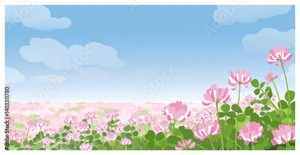 Obraz 青空のもと一面に広がるれんげ畑 遠近感のある背景イラスト