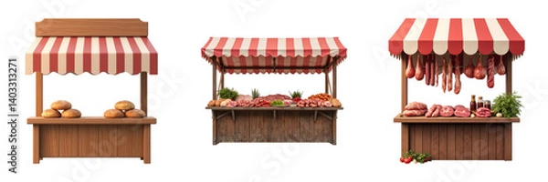 Obraz Fresh market stalls display variety of meats, vegetables, and baked goods under striped awnings, creating vibrant shopping atmosphere