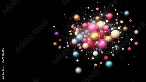 Obraz Exploding particles forming an abstract energy sphere in a black space, colorful fragments dispersing in slow motion, dynamic and vibrant digital effect.