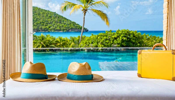 Fototapeta Straw hats and a vacation bag symbolizing going on vacation or preparing for vacation.
