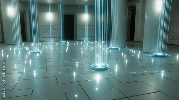Obraz High-tech digital network grid with blue glowing lines and floating data nodes, 3D perspective, representing global connectivity and information flow.