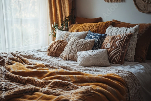 Obraz Cozy bedroom atmosphere featuring textured pillows and warm blankets during late afternoon light