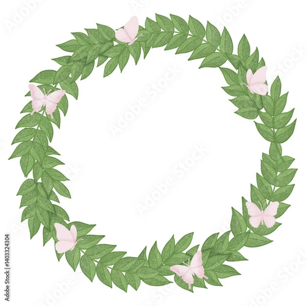 Obraz Floral wreath with green leaves and pink butterflies. Hand drawn illustration.