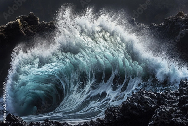 Obraz Powerful ocean wave crashing against rugged rocks along a dramatic coastline at sunset