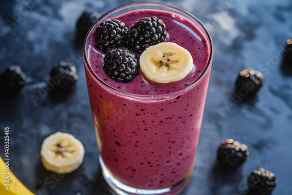 Obraz Berry smoothie topped with banana slices and blackberries served in a clear glass on a dark background
