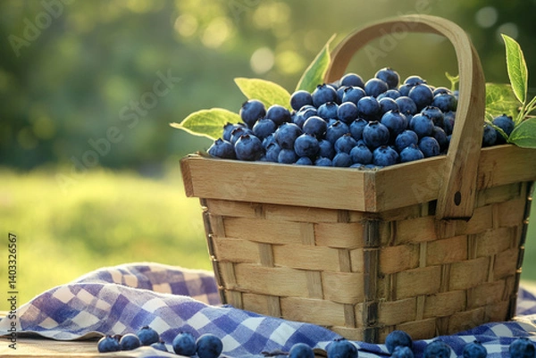 Obraz Freshly picked blueberries in a woven basket on a picnic blanket under sunlight in a garden