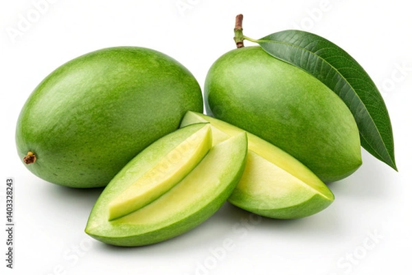 Obraz Ripe Green Mangoes with Attached Leaves - Texture Close-Up