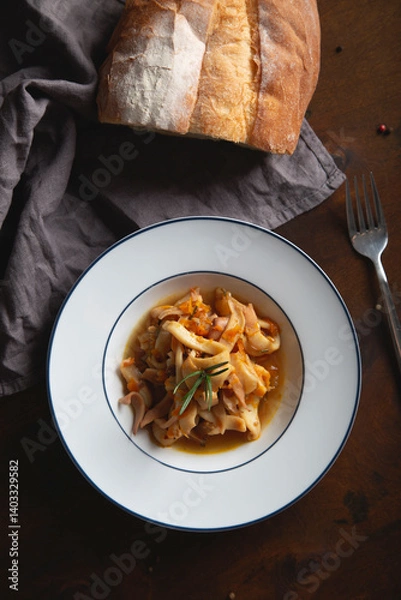 Obraz Stewed squid with onions and carrots