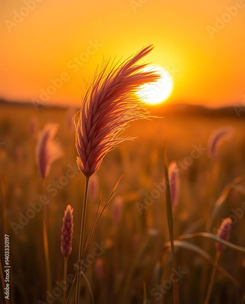 Obraz Close up grass field flower in beautiful golden sunset background, created by generative ai