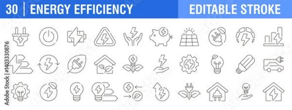 Fototapeta Collection of energy efficiency icons. Ecology, electricity, energy storage. Vector design template, signs, symbols, editable stroke.