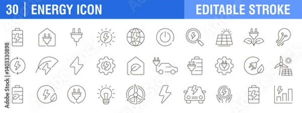 Fototapeta Collection of energy efficiency icons. Ecology, electricity, energy storage. Vector design template, signs, symbols, editable stroke.