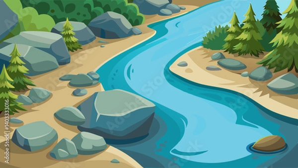 Fototapeta A river with a rocky shoreline and trees in the background. The water is blue and the rocks are scattered along the shore. The scene is peaceful and serene, with the water flowing calmly