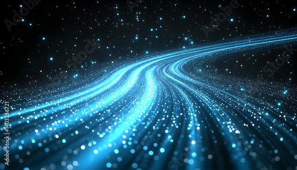 Fototapeta Glowing blue waves of light flow through a starry night sky, creating a mesmerizing cosmic scene