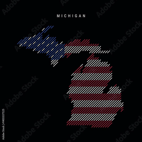 Fototapeta Michigan US state hatched silhouette map of slanted lines pattern. Flat vector illustration isolated on black