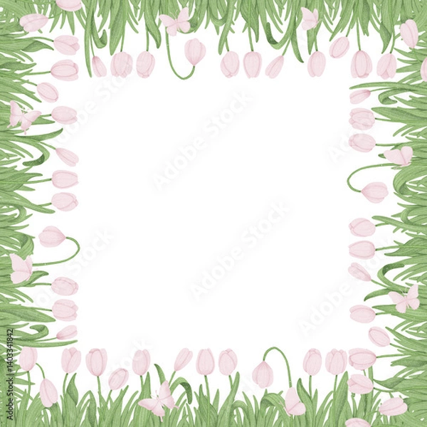 Obraz Floral frame with pink tulips and green grass. Hand drawn illustration.