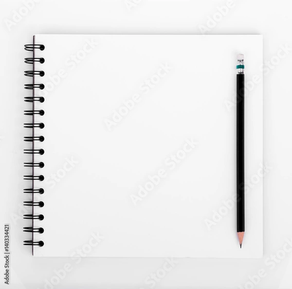 Fototapeta blank realistic spiral notebook and pencil isolated on white background