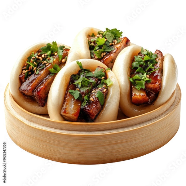 Fototapeta Delicious glazed pork belly bao buns, a savory culinary delight served in a rustic bamboo steamer, glistening with a rich, flavorful glaze.