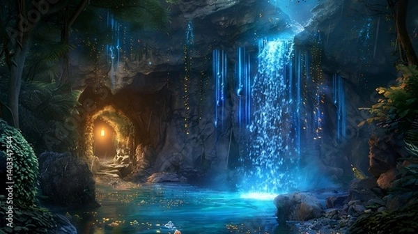 Obraz A magical hidden cave with a glowing waterfall flowing into a secret lagoon
