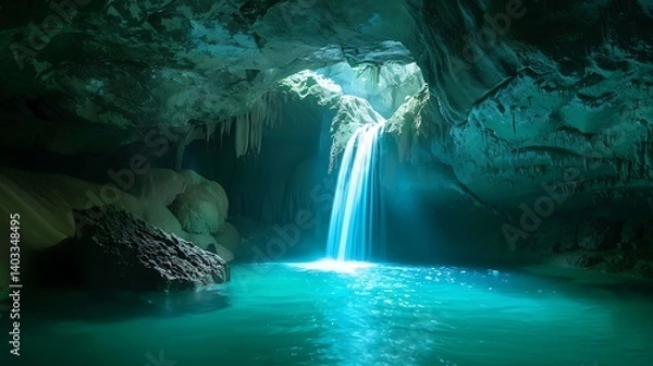 Obraz A magical hidden cave with a glowing waterfall flowing into a secret lagoon